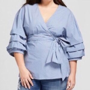 Ava & Viv Womens Wrap Blouse 2X Blue‎ White Stripes Puff Office Nautical Brunch